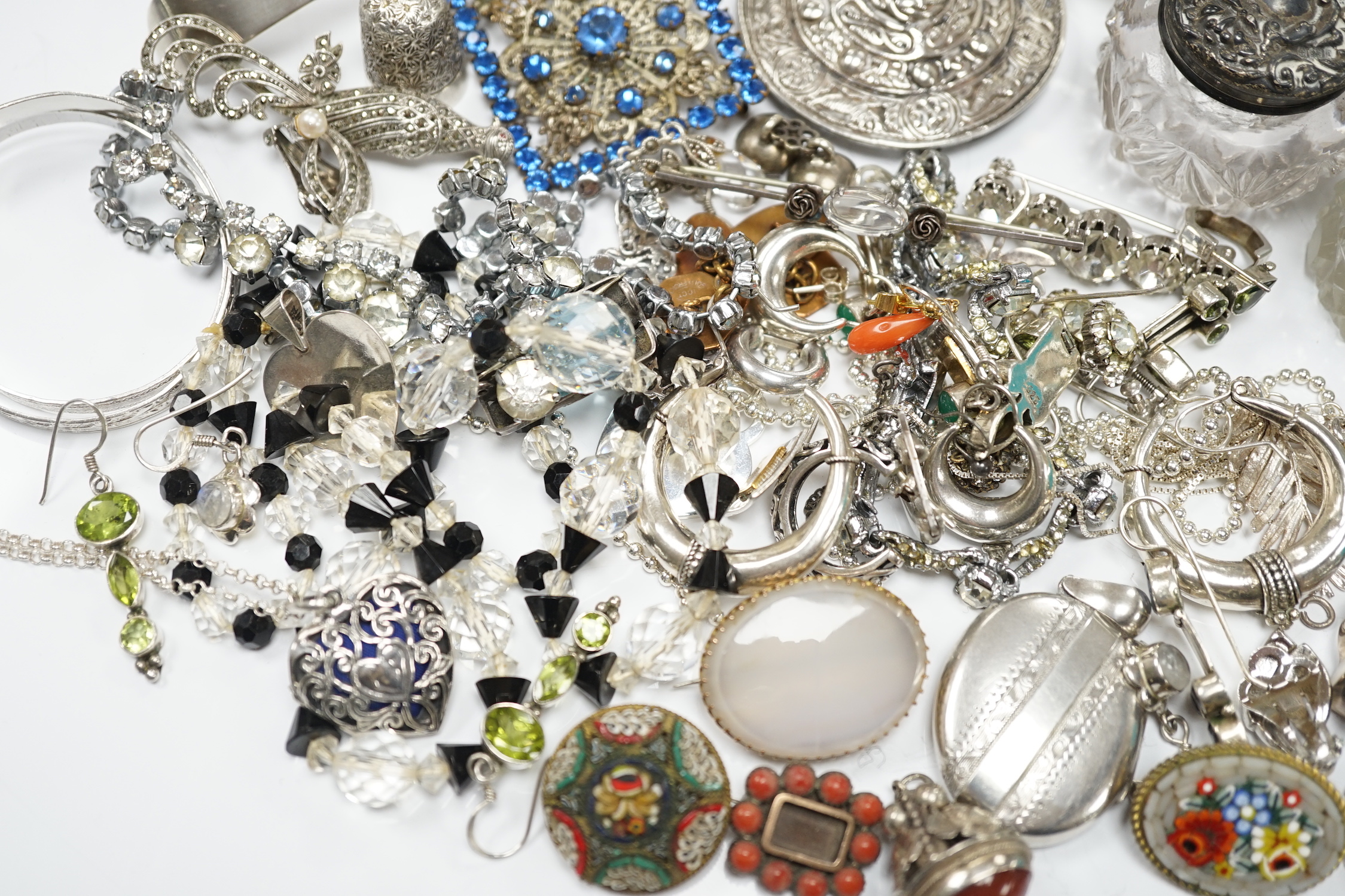 Sundry small silver including mounted glass toilet jars and a Georgian sifter spoon, together with assorted silver and other jewellery including earrings, pendants, brooches etc.